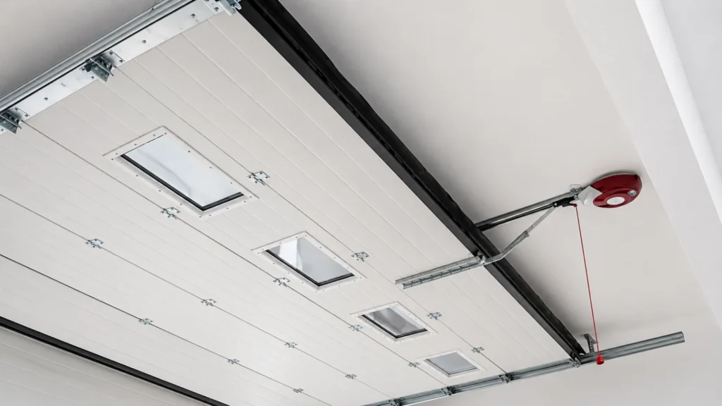 Sectional garage door with ceiling-mounted opener and drive rail