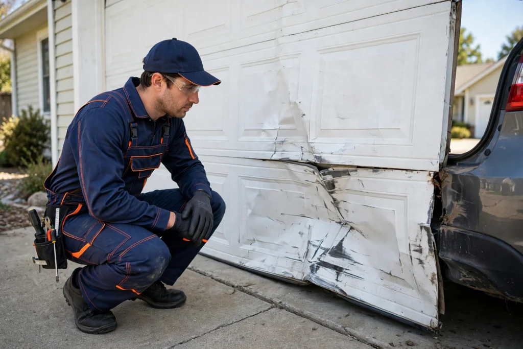 Garage door dented after car backed into it in Sugar Land