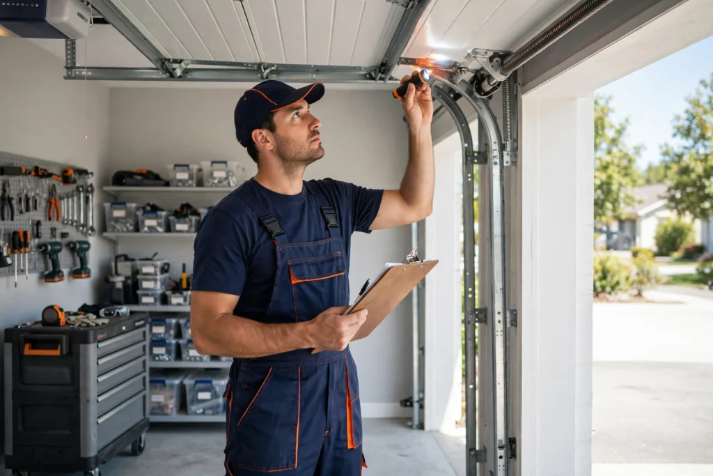 Uniformed technician inspecting a garage door in Sugar Land