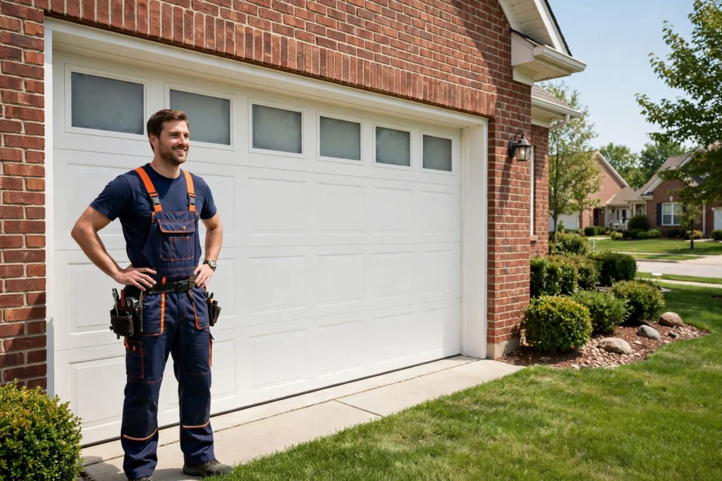 Male technician beside a modern white sectional garage door